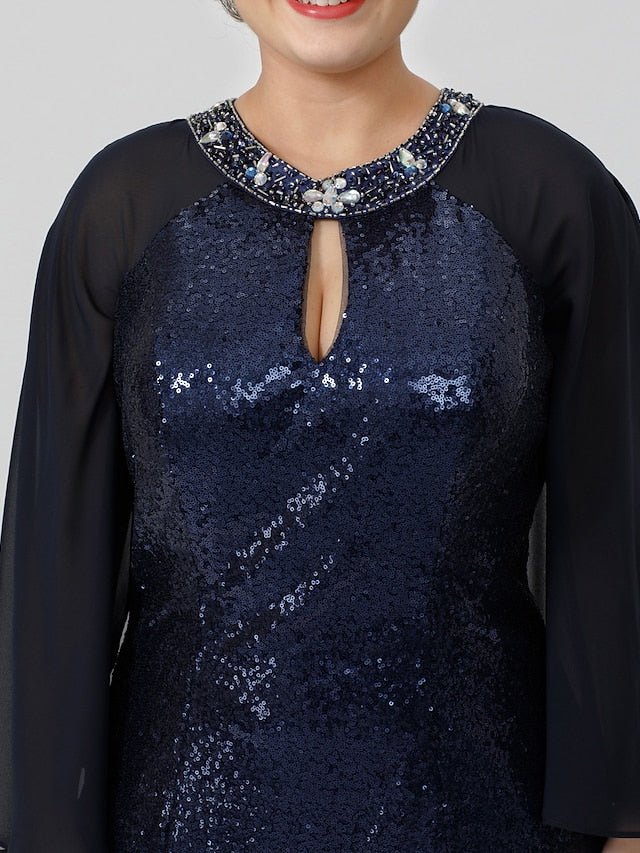 Meerjungfrau/Trompete Kleid für die Mutter der Braut, formell, schick und modern, glamourös und dramatisch, Übergröße, Rundhalsausschnitt, bodenlang, Chiffon, mit Pailletten, 3/4-Ärmel, nein, mit Kristallen und Perlen